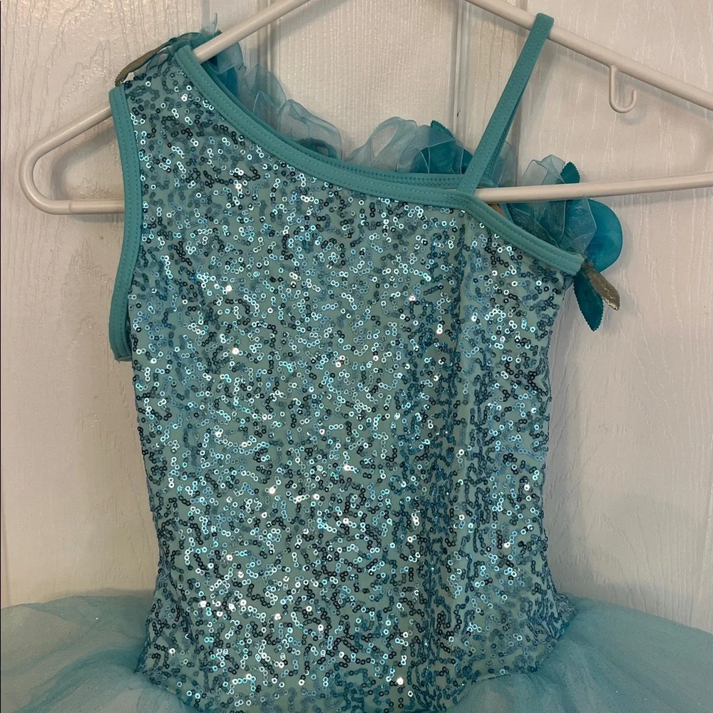 Weissman Blue Sequin Tulle dance costume with Floral Accents